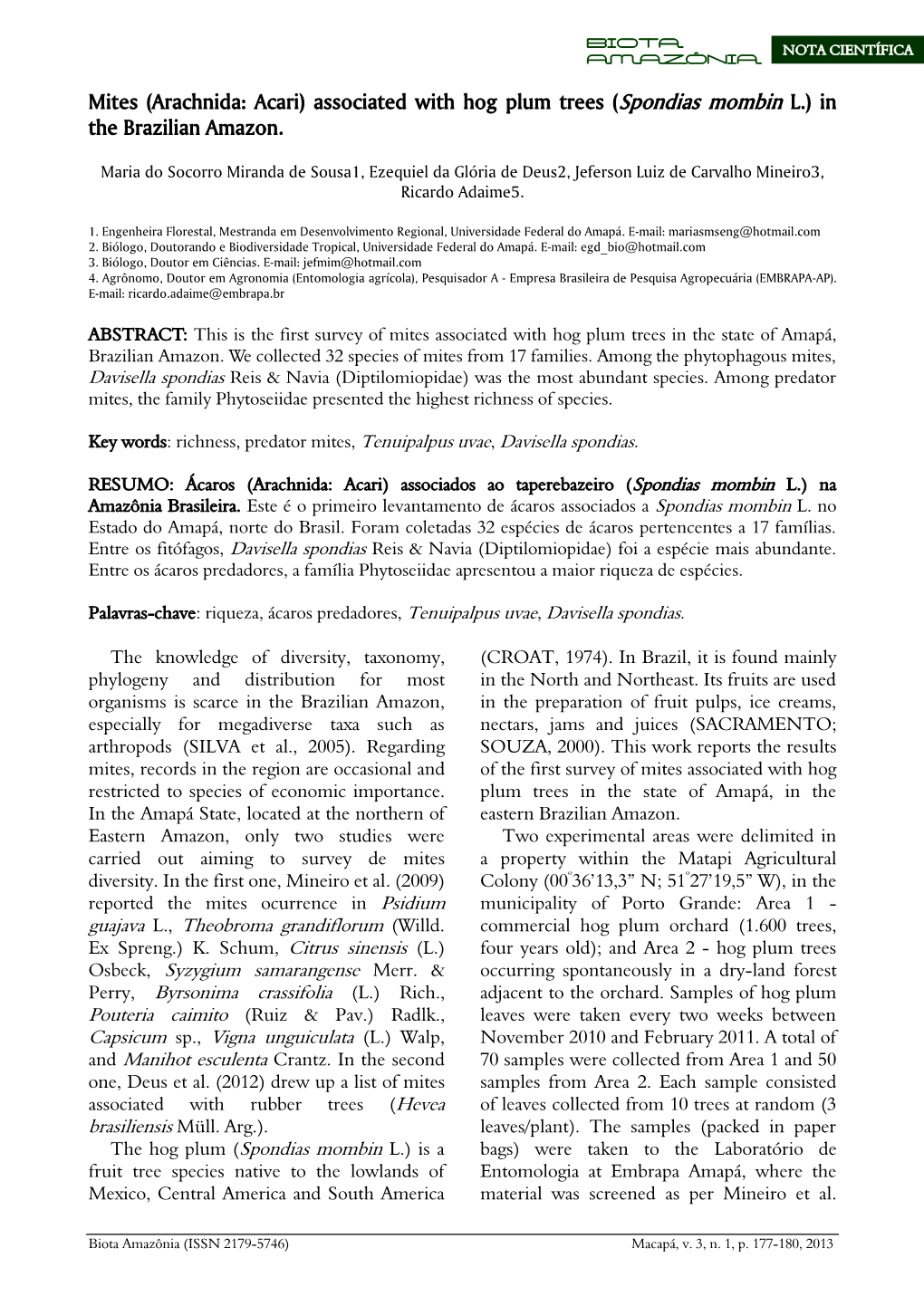 Mites (Arachnida: Acari) Associated with Hog Plum Trees (Spondias Mombin L.) in the Brazilian Amazon