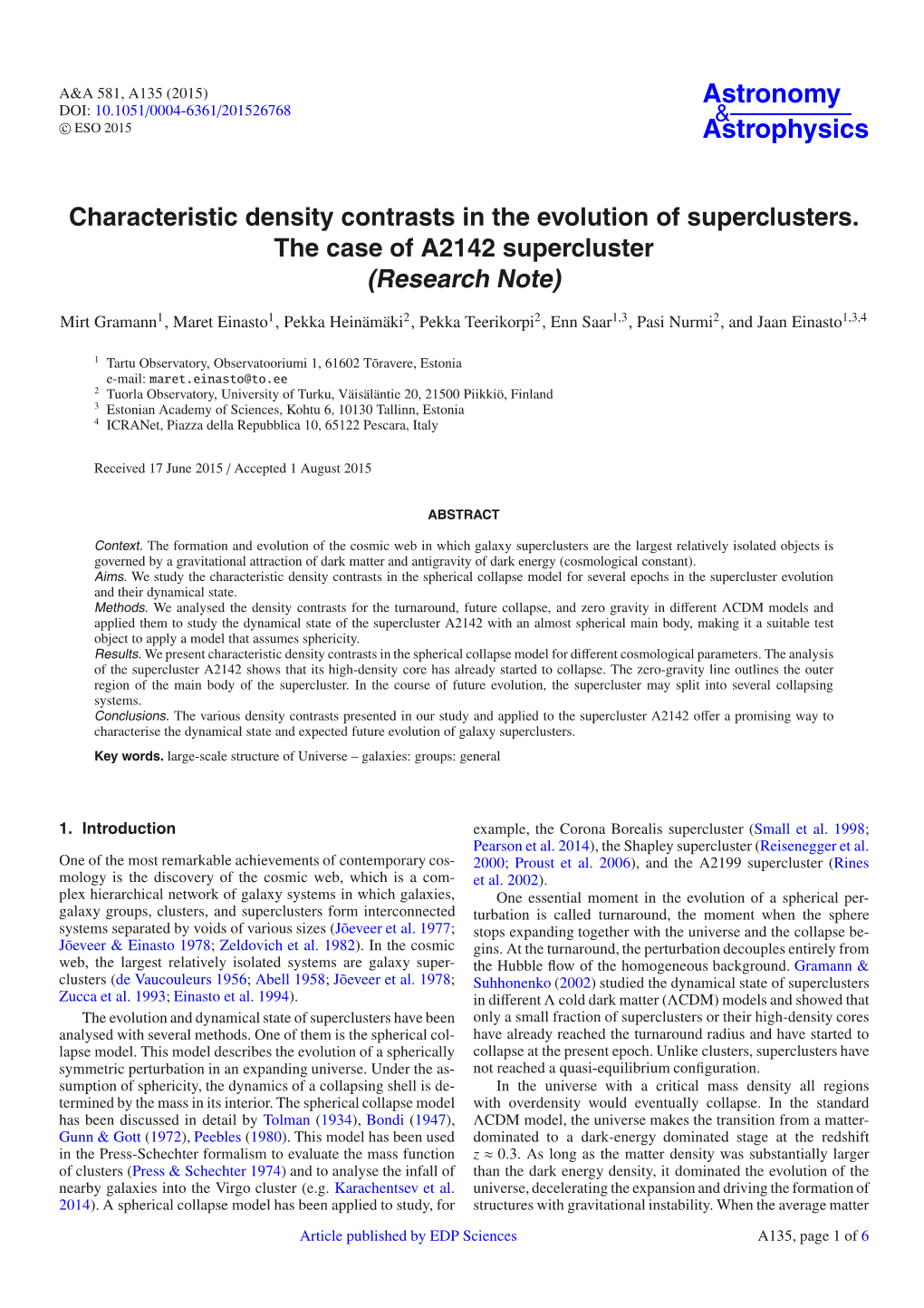 Characteristic Density Contrasts in the Evolution of Superclusters. the Case of A2142 Supercluster (Research Note)