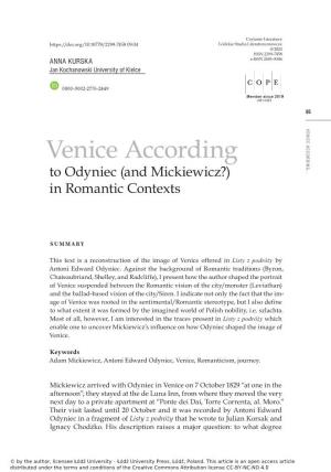 Venice According… Venice According to Odyniec (And Mickiewicz?) in Romantic Contexts