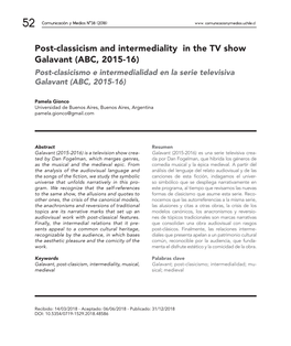 Post-Classicism and Intermediality in the TV Show Galavant (ABC, 2015-16) Post-Clasicismo E Intermedialidad En La Serie Televisiva Galavant (ABC, 2015-16)