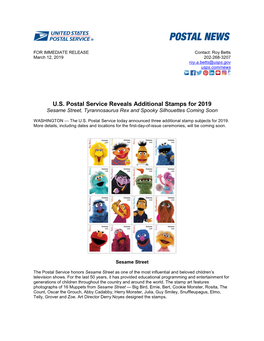U.S. Postal Service Reveals Additional Stamps for 2019 Sesame Street, Tyrannosaurus Rex and Spooky Silhouettes Coming Soon