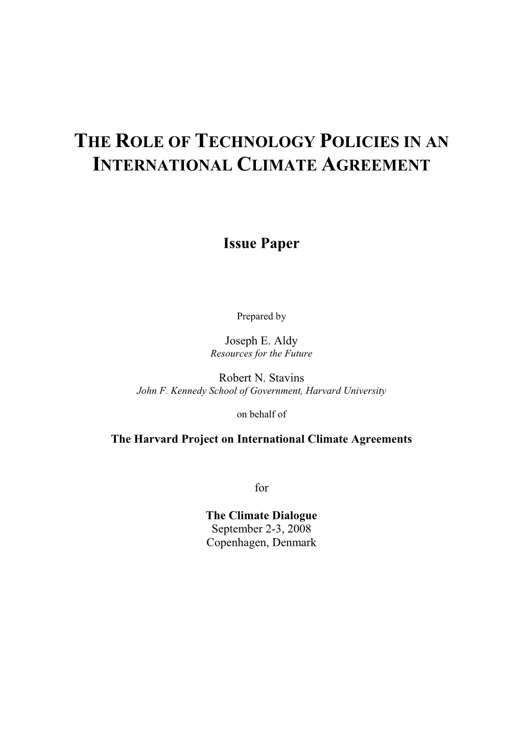 The Role of Technology Policies in an International Climate Agreement