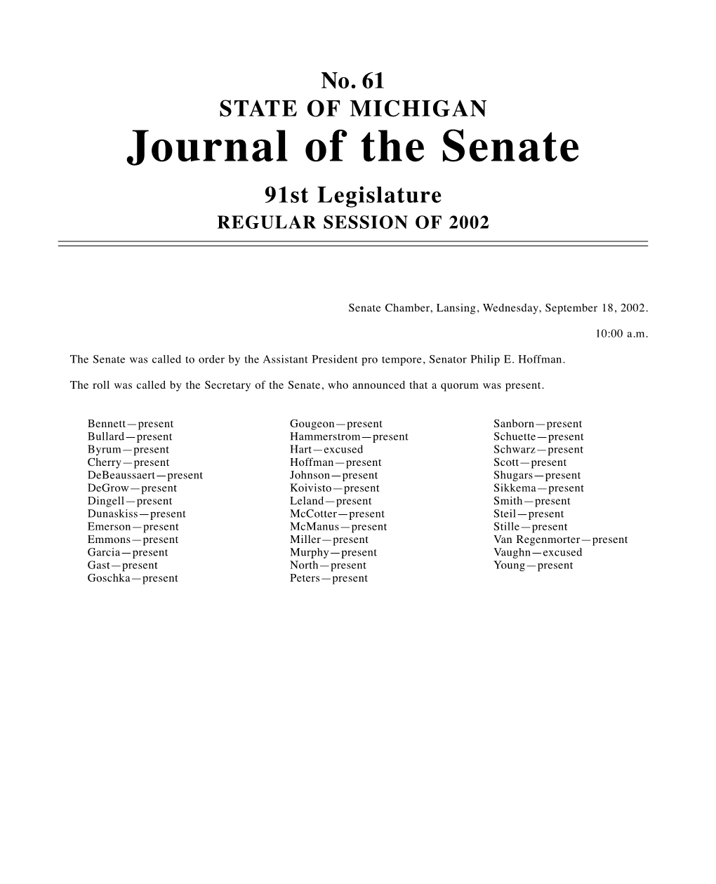 Journal of the Senate 91St Legislature REGULAR SESSION of 2002