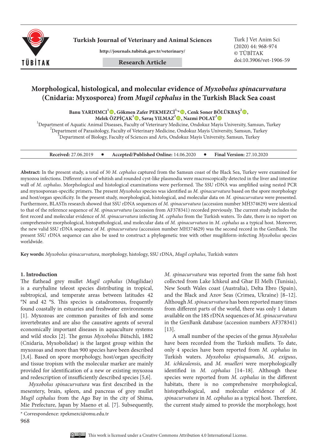 (Cnidaria: Myxosporea) from Mugil Cephalus in the Turkish Black Sea Coast