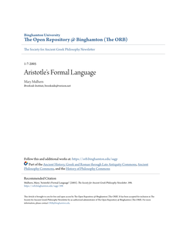 Aristotle's Formal Language Mary Mulhern Brookside Institute, Brookside@Verizon.Net