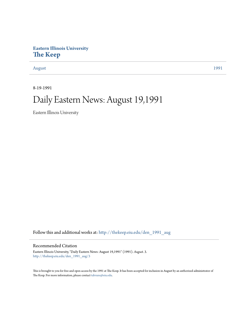 Daily Eastern News: August 19,1991 Eastern Illinois University