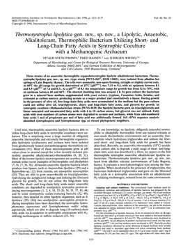Themosyntropha Lipolytica Gen. Nov., Sp. Nov., a Lipolytic, Anaerobic, Alkalitolerant, Thermophilic Bacterium Utilizing Short- A