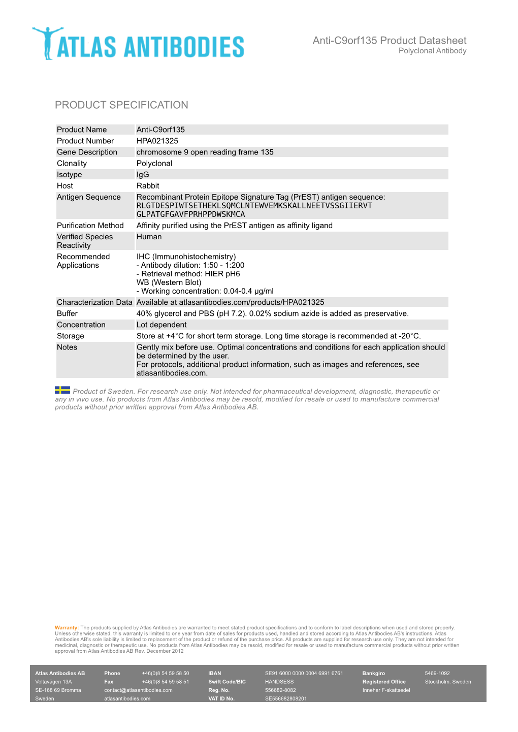 PRODUCT SPECIFICATION Anti-C9orf135