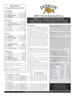 2009-10 Men's Basketball Notes Game 17 — Southwestern University