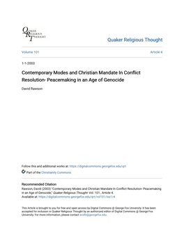 Contemporary Modes and Christian Mandate in Conflict Resolution- Peacemaking in an Age of Genocide