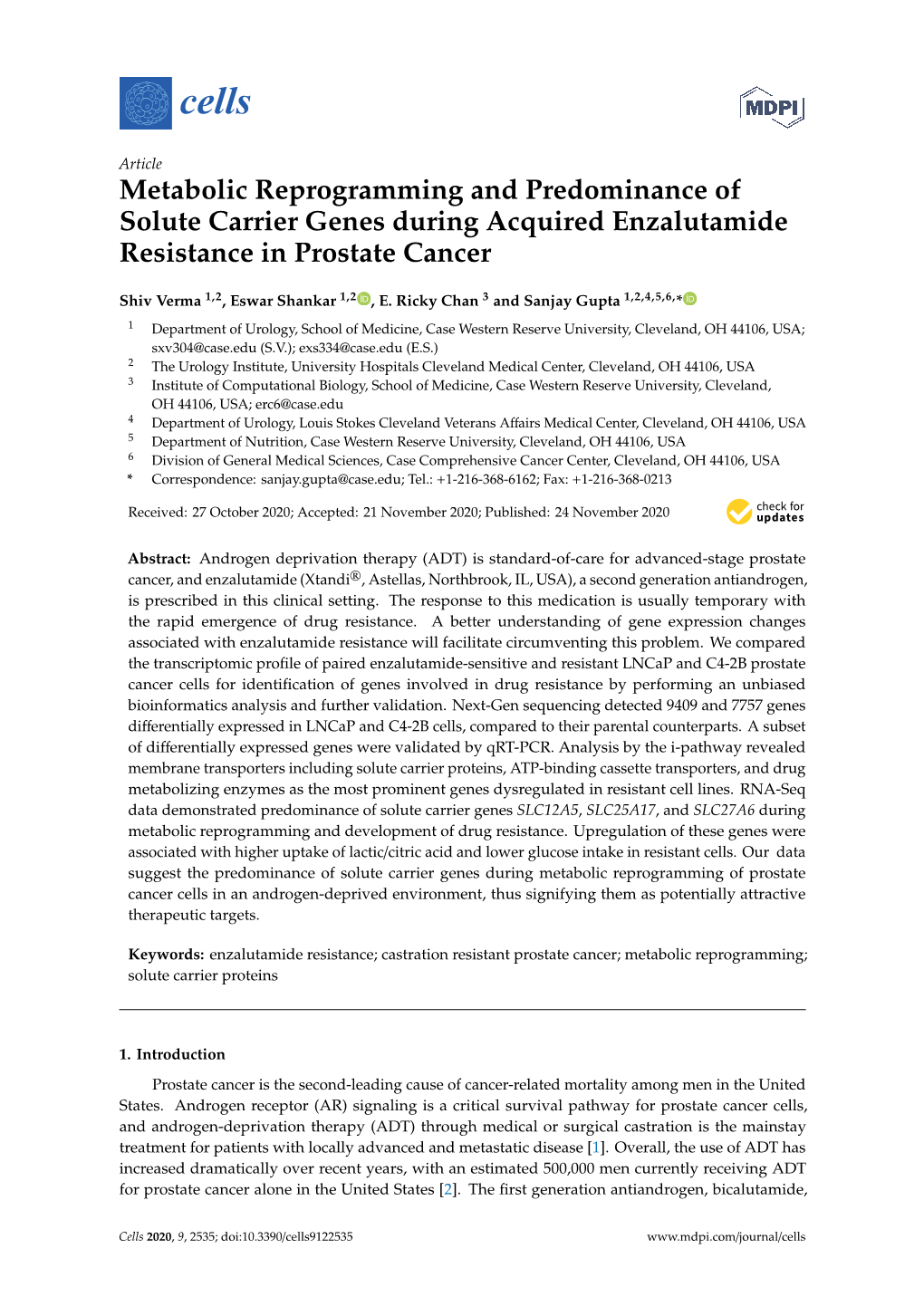 Metabolic Reprogramming and Predominance of Solute Carrier Genes During Acquired Enzalutamide Resistance in Prostate Cancer