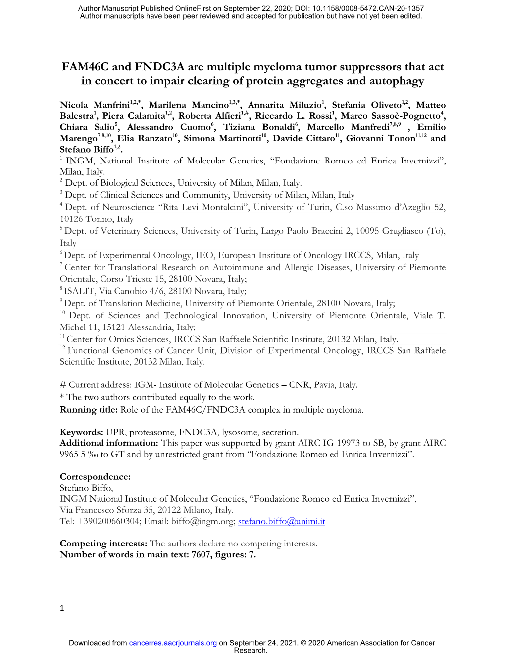 FAM46C and FNDC3A Are Multiple Myeloma Tumor Suppressors That Act in Concert to Impair Clearing of Protein Aggregates and Autophagy