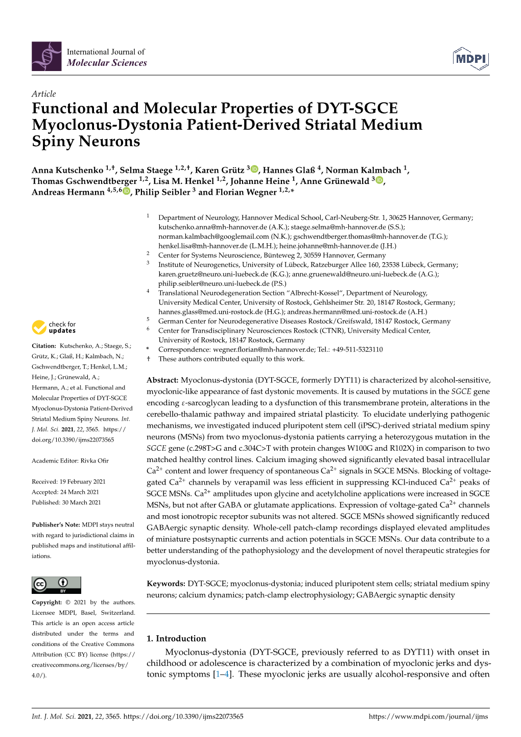 Functional and Molecular Properties of DYT-SGCE Myoclonus-Dystonia Patient-Derived Striatal Medium Spiny Neurons