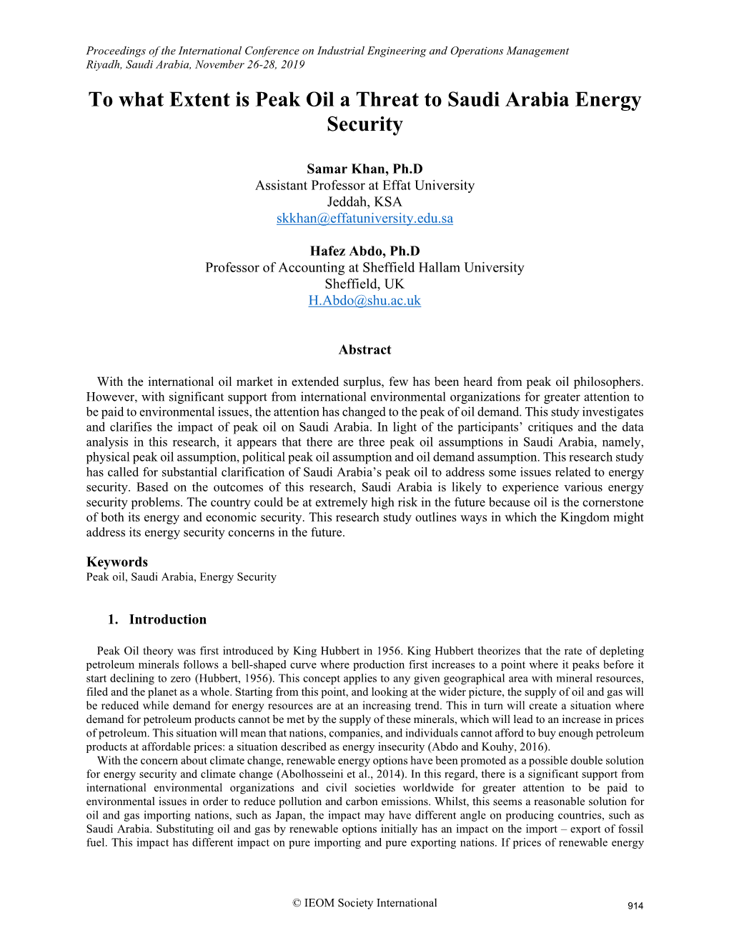 ID 054 to What Extent Is Peak Oil a Threat to Saudi Arabia Energy Security