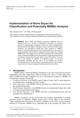 Implementation of Naive Bayes for Classification and Potentially Msmes Analysis