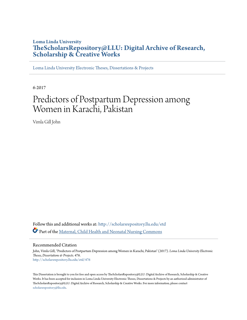 Predictors of Postpartum Depression Among Women in Karachi, Pakistan Vimla Gill John