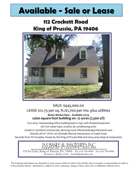 Available - Sale Or Lease 112 Crockett Road King of Prussia, PA 19406