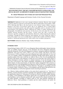 BEYOND IMITATION: the RELATIONSHIP BETWEEN LITERATURE and SOCIAL REALITY AS IMPLIED in GEORG LUKÁCS's REFLECTION THEORY Dr