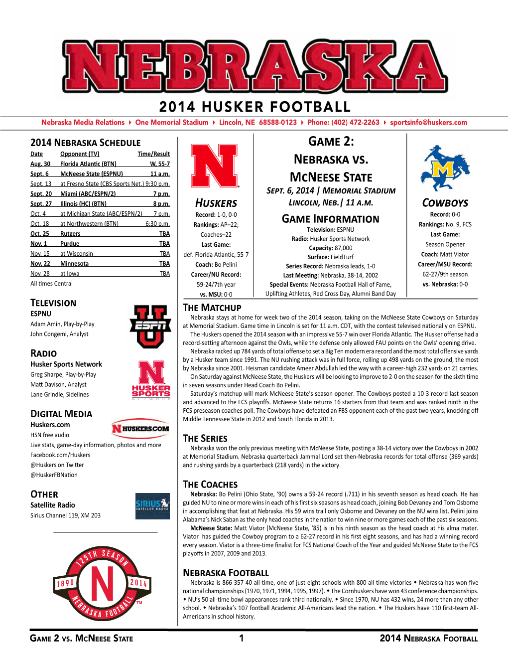 2014 HUSKER FOOTBALL Game 2: Nebraska Vs. Mcneese State
