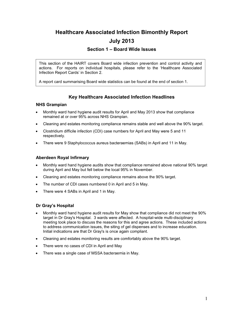 Healthcare Associated Infections Report July 2013