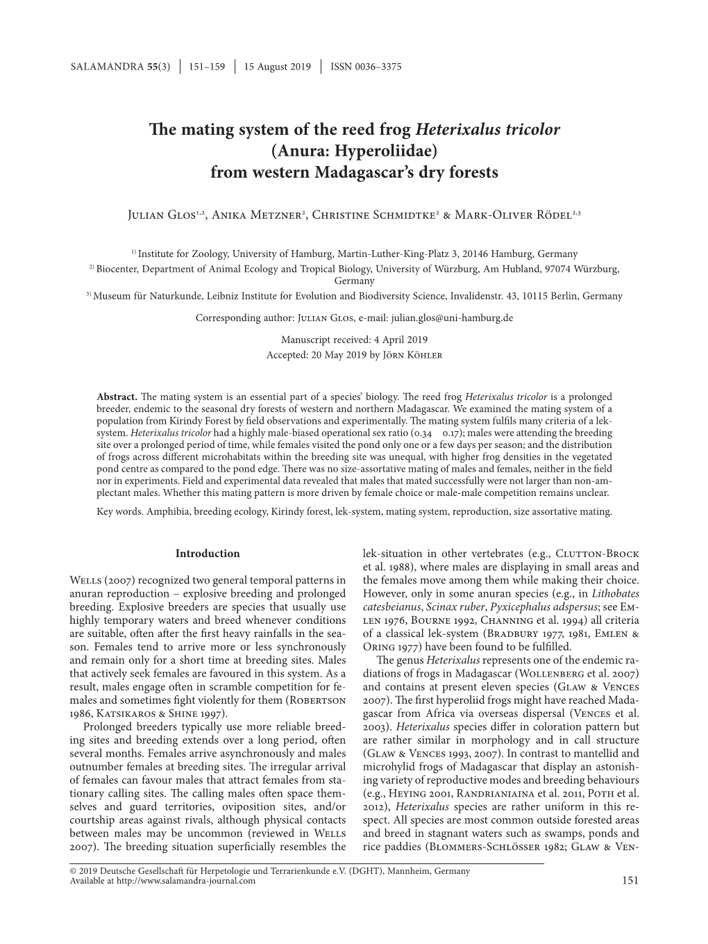 The Mating System of the Reed Frog Heterixalus Tricolor (Anura: Hyperoliidae) from Western Madagascar’S Dry Forests