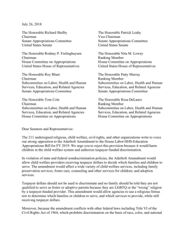Joint Letter to Congress Opposing the Aderholt Amendment to FY2019 LHHS Bill