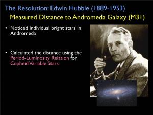 Edwin Hubble (1889-1953) Measured Distance to Andromeda Galaxy (M31) • Noticed Individual Bright Stars in Andromeda