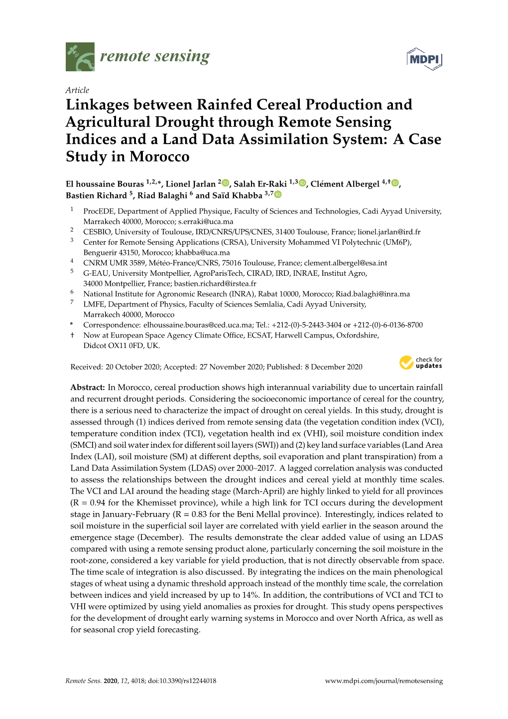 Linkages Between Rainfed Cereal Production and Agricultural Drought Through Remote Sensing Indices and a Land Data Assimilation System: a Case Study in Morocco