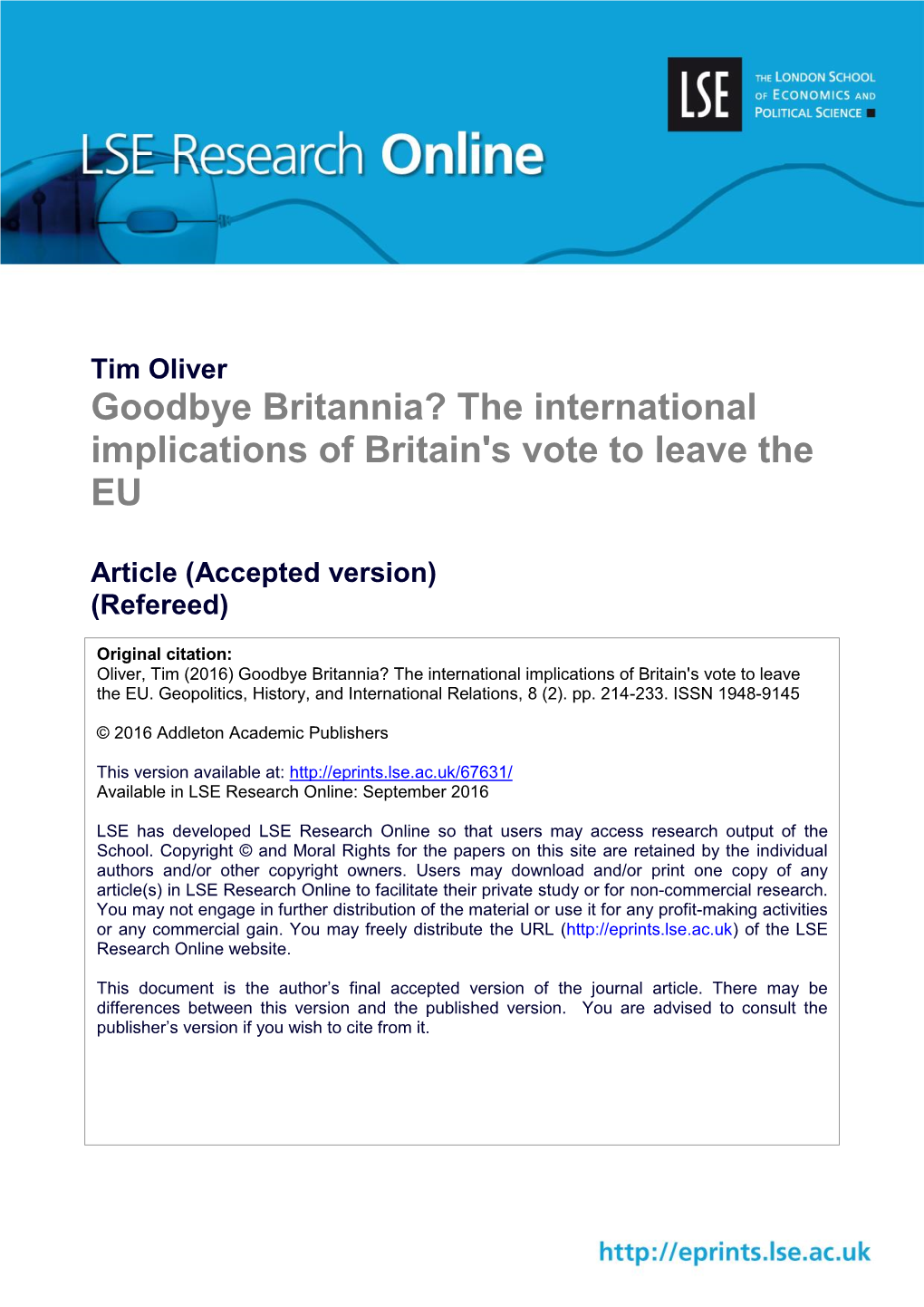 The International Implications of Britain's Vote to Leave the EU