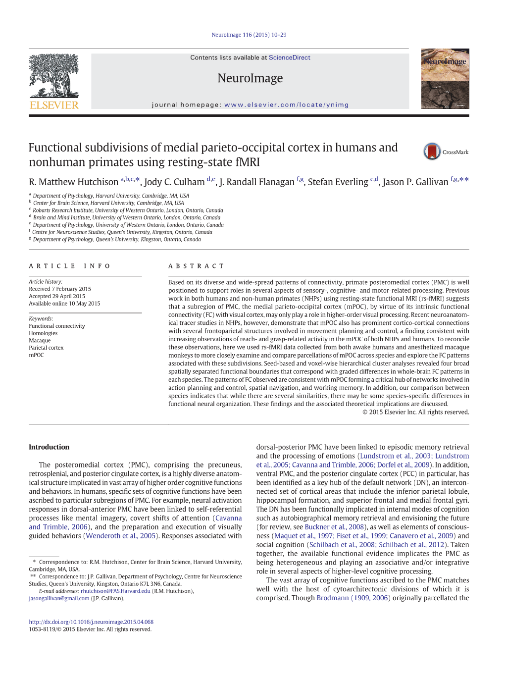 Functional Subdivisions of Medial Parieto-Occipital Cortex in Humans and Nonhuman Primates Using Resting-State Fmri