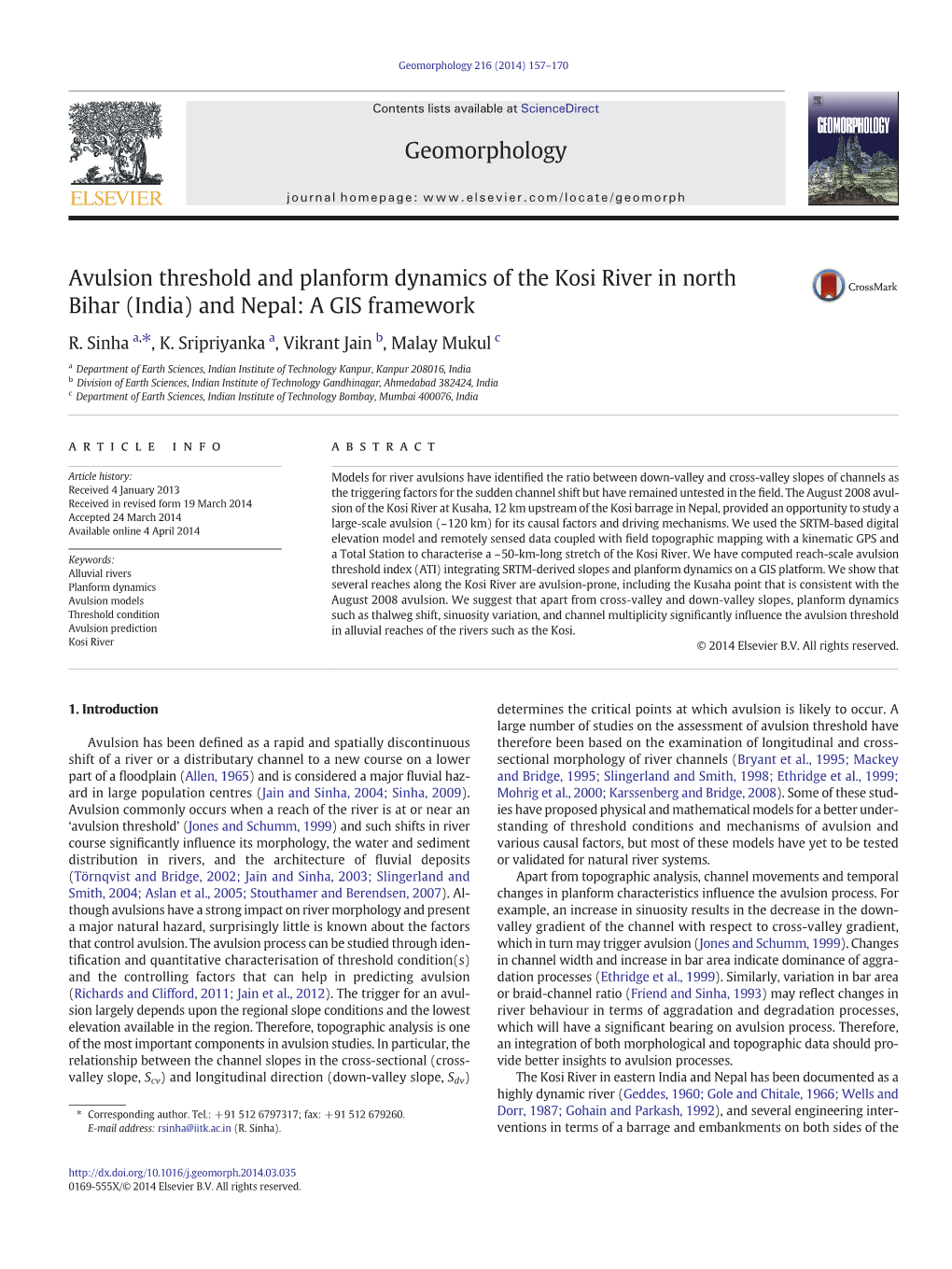 Avulsion Threshold and Planform Dynamics of the Kosi River in North Bihar (India) and Nepal: a GIS Framework