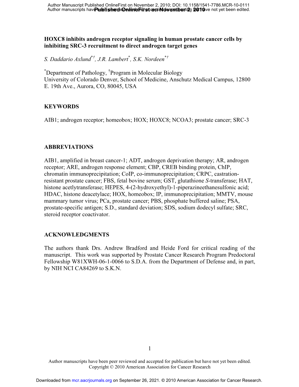 1 HOXC8 Inhibits Androgen Receptor Signaling in Human Prostate Cancer