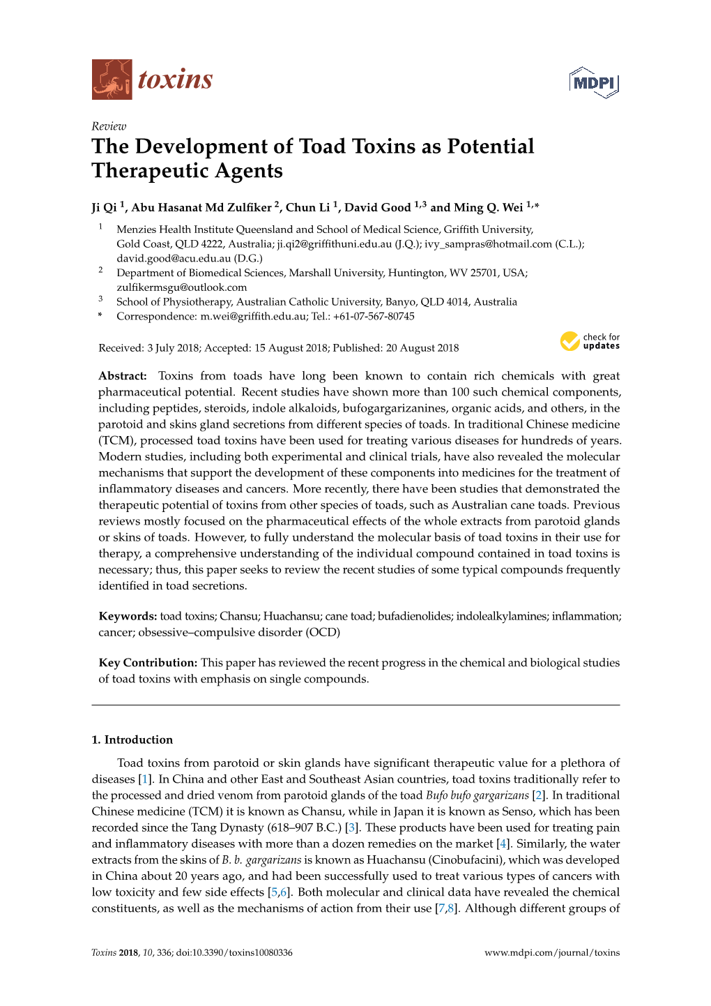 The Development of Toad Toxins As Potential Therapeutic Agents