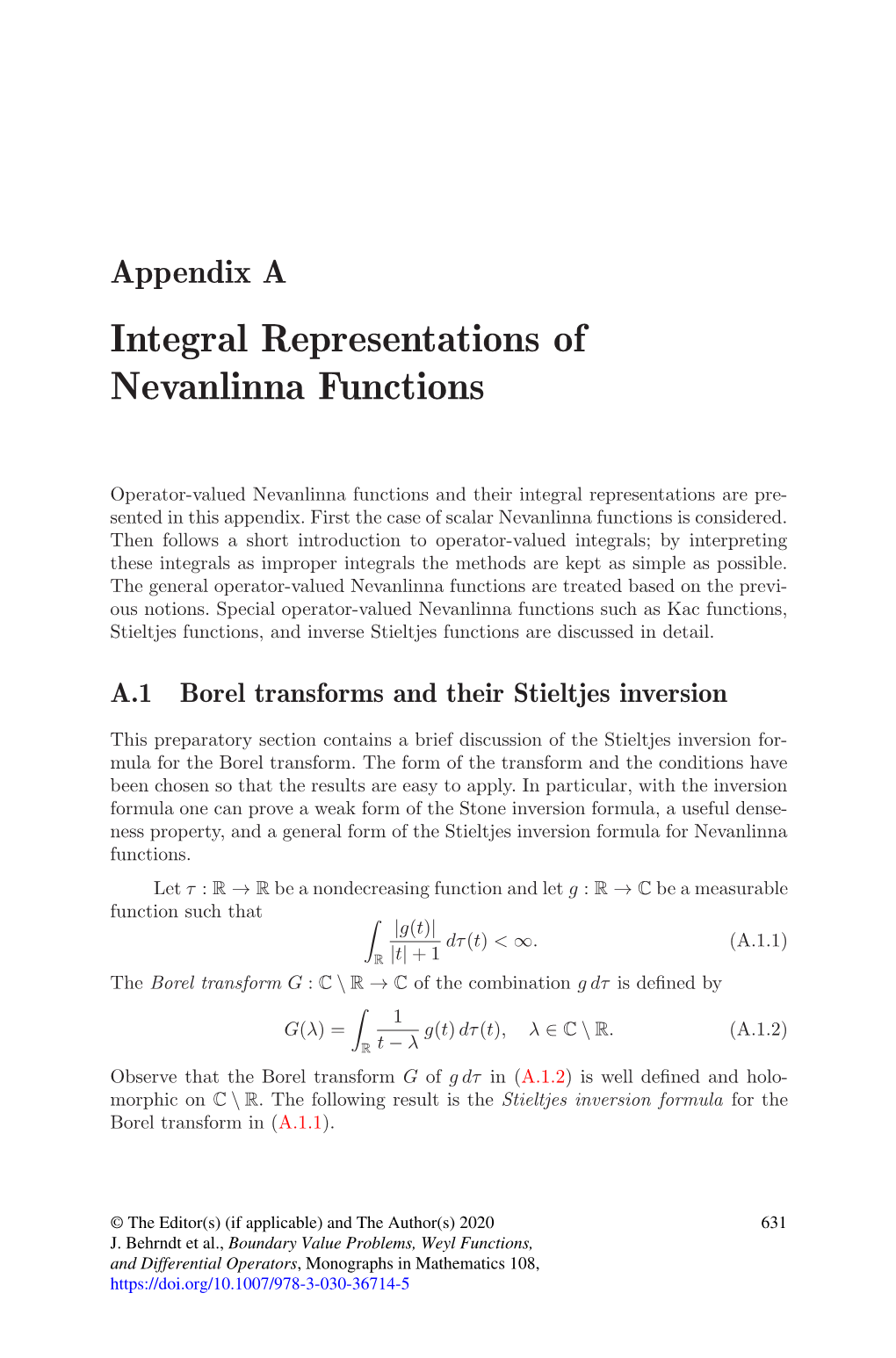 Appendix a Integral Representations of Nevanlinna Functions