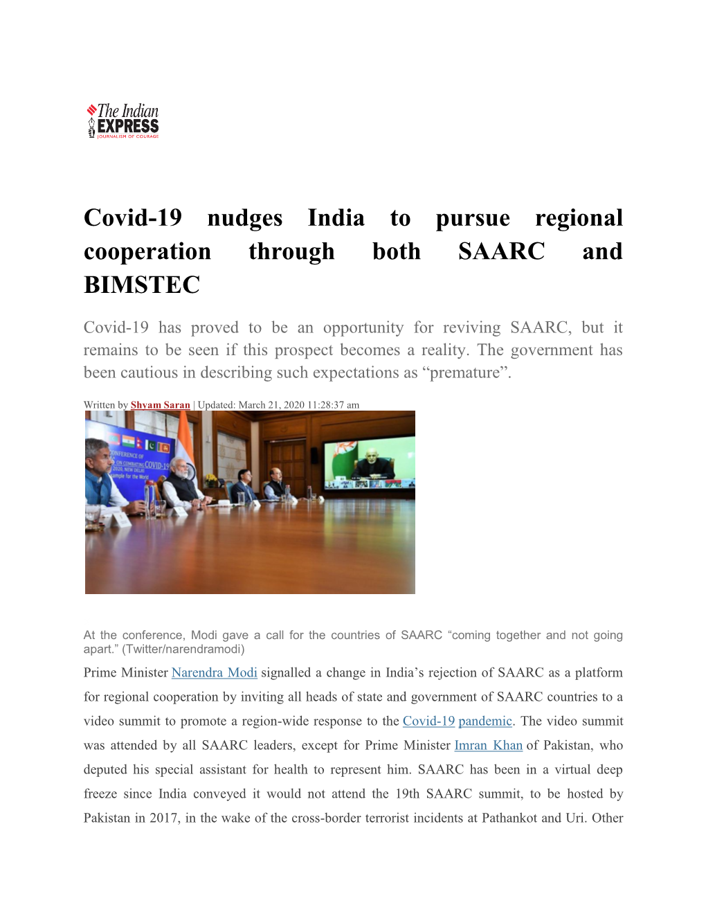 Covid-19 Nudges India to Pursue Regional Cooperation Through Both SAARC and BIMSTEC