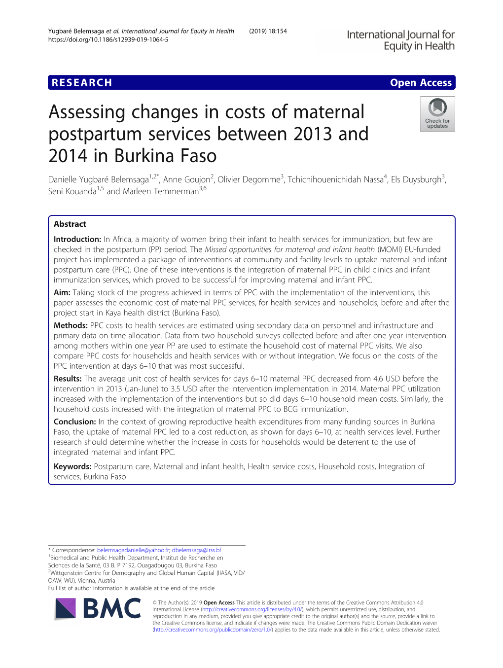 Assessing Changes in Costs of Maternal Postpartum Services