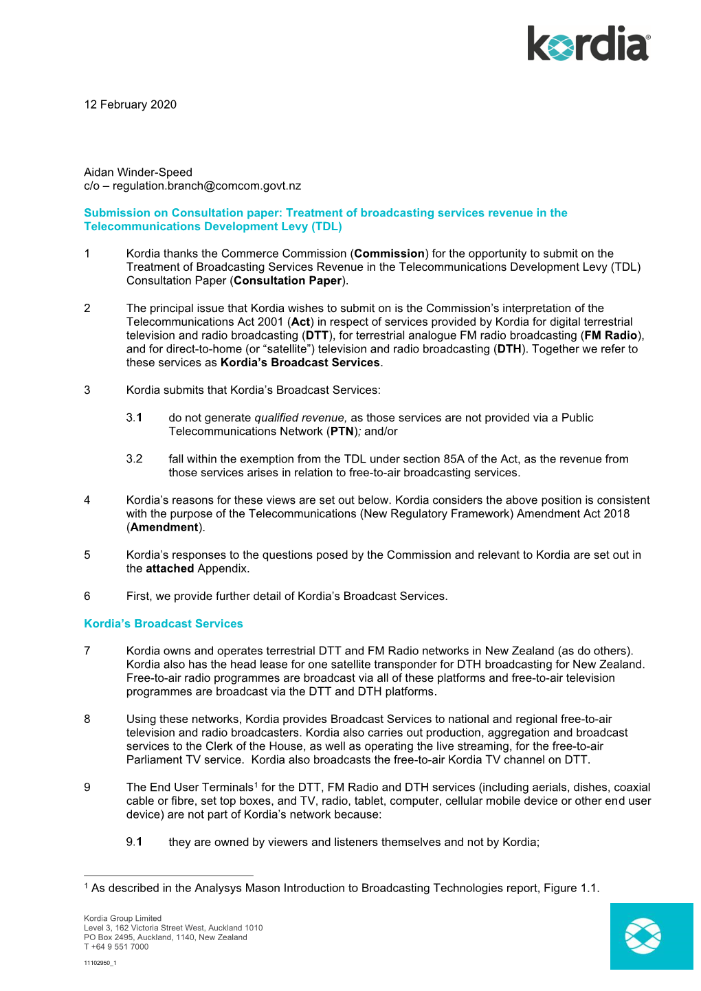 Kordia – Submission on Treatment of Broadcasting Services Revenue In