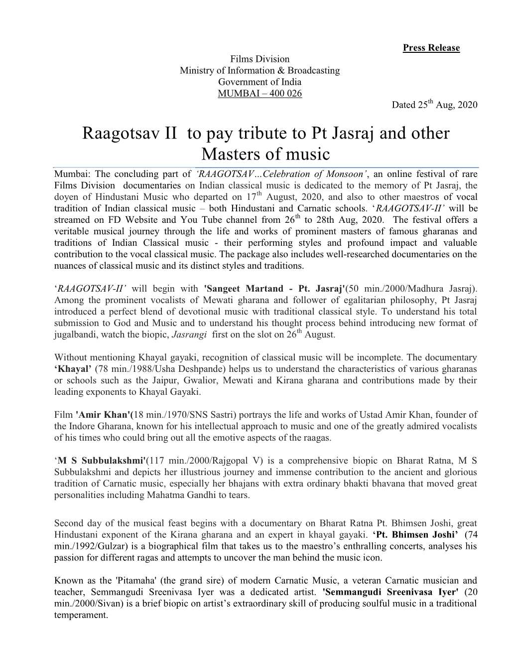 Raagotsav II to Pay Tribute to Pt Jasraj and Other Masters of Music