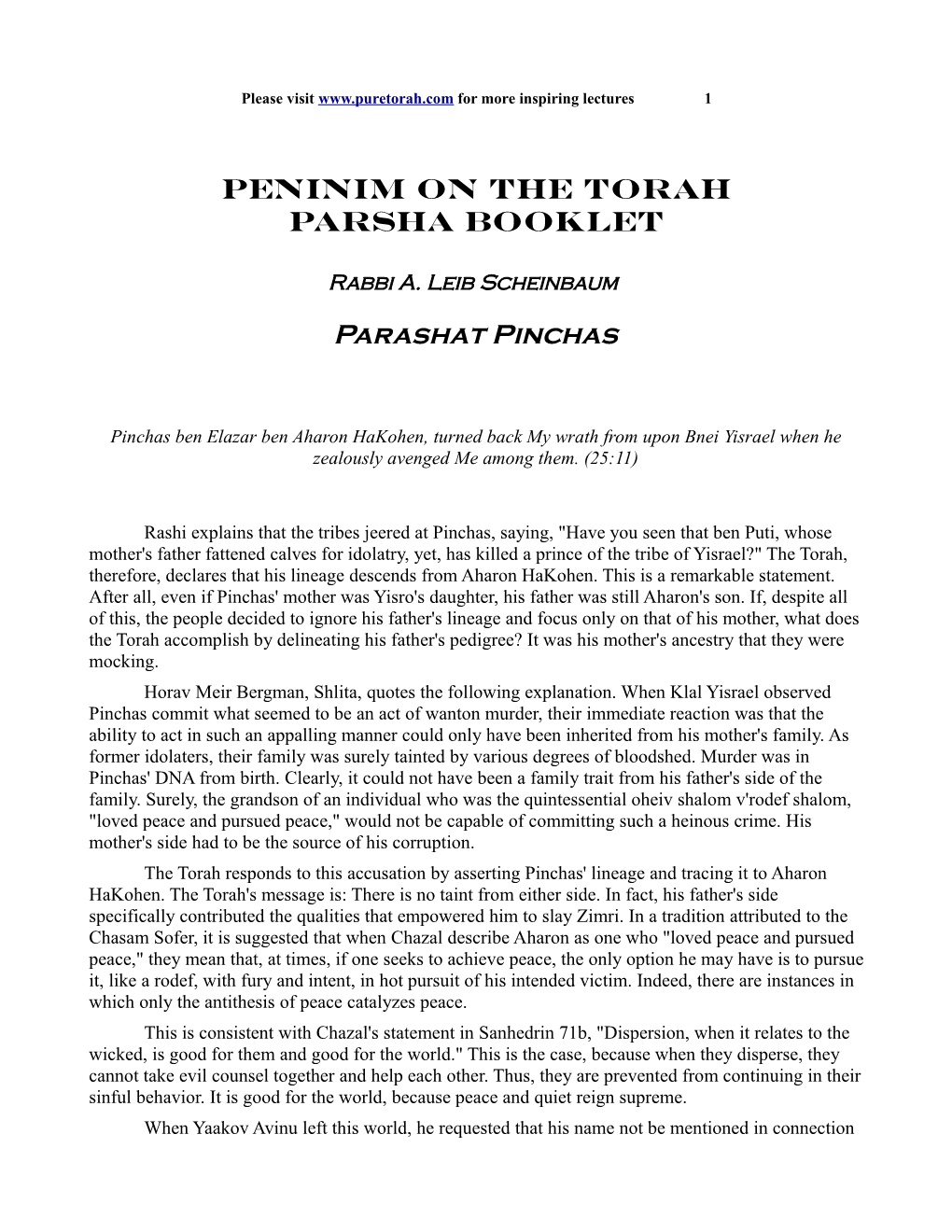 Peninim on the Torah Parsha Booklet Parashat Pinchas