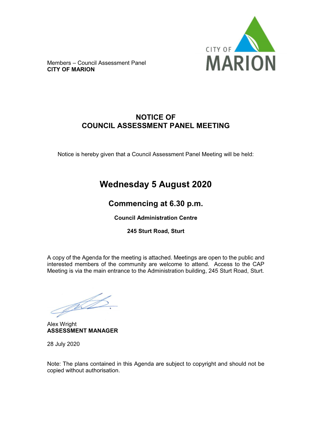 Notice of Council Assessment Panel Meeting