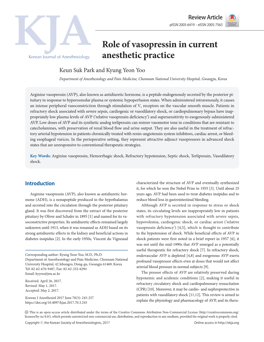 Role of Vasopressin in Current Anesthetic Practice