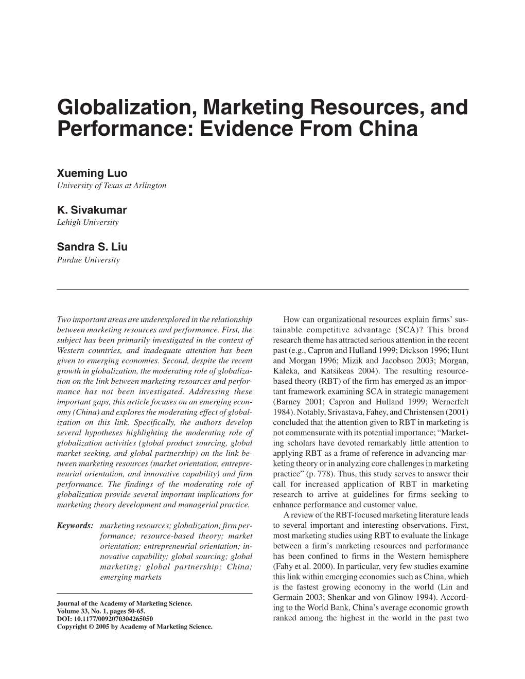 Globalization, Marketing Resources, and Performance: Evidence from China