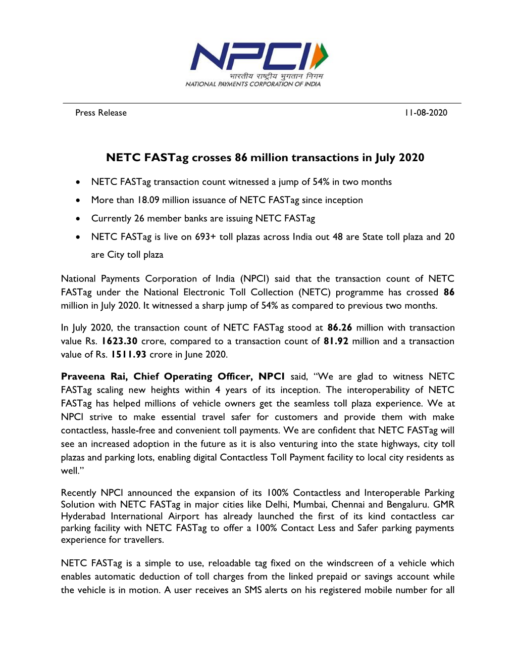 NETC Fastag Crosses 86 Million Transactions in July 2020