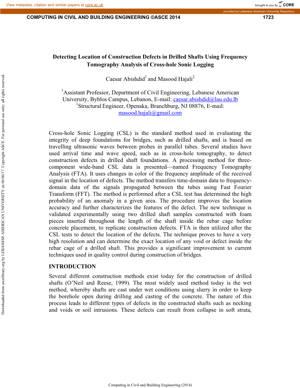 Detecting Location of Construction Defects in Drilled Shafts Using Frequency Tomography Analysis of Cross-Hole Sonic Logging