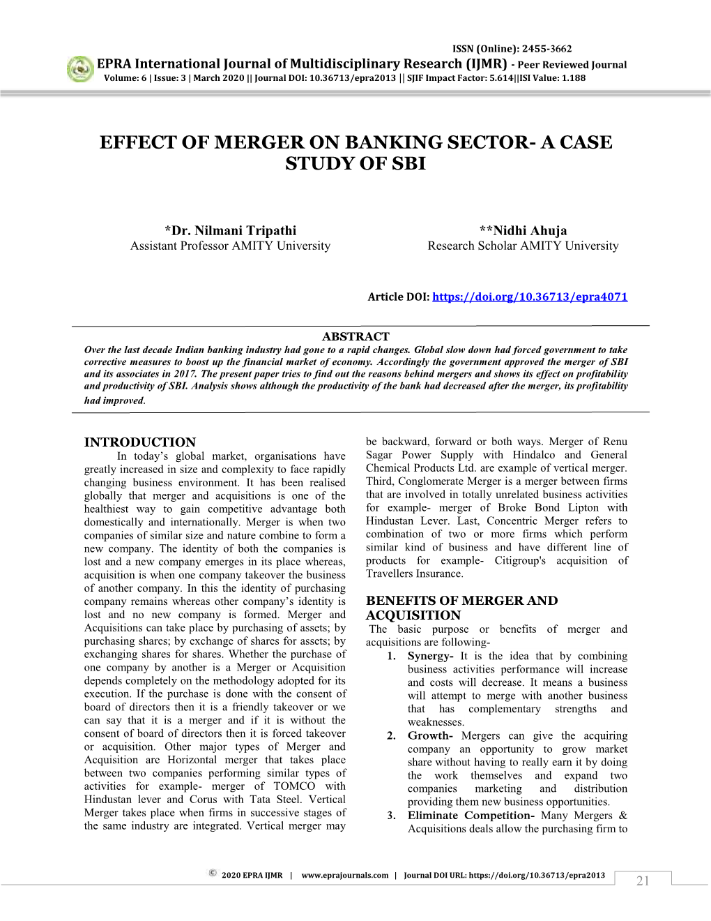 Effect of Merger on Banking Sector- a Case Study of Sbi