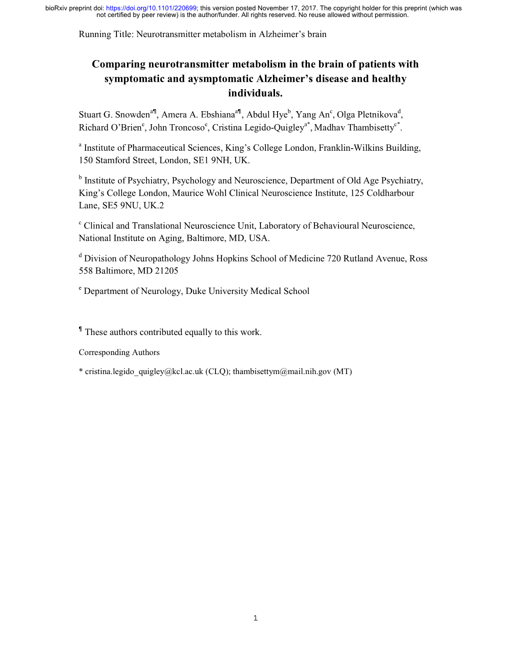 Comparing Neurotransmitter Metabolism in the Brain of Patients with Symptomatic and Aysmptomatic Alzheimer’S Disease and Healthy Individuals