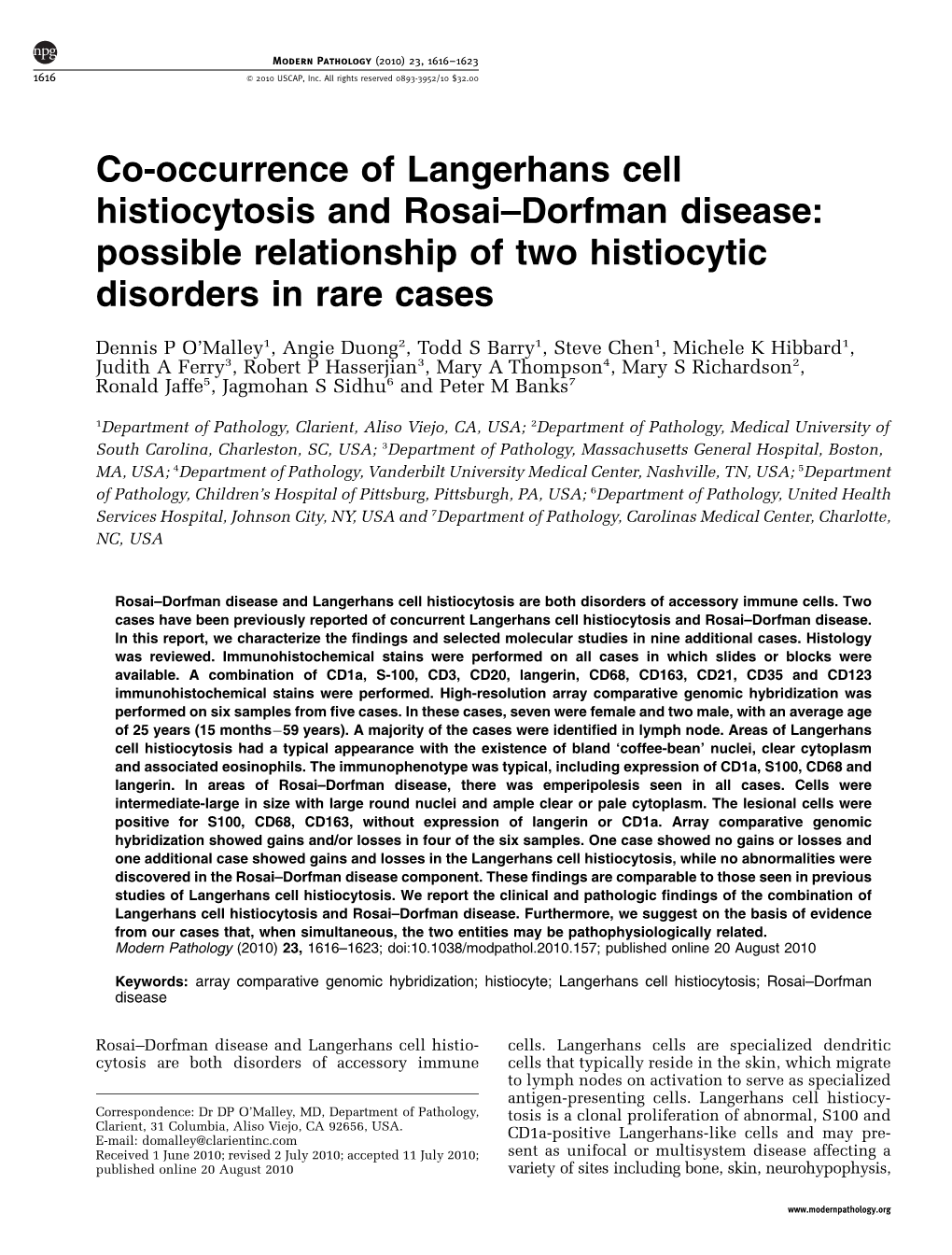 Co-Occurrence of Langerhans Cell Histiocytosis and Rosai&Ndash