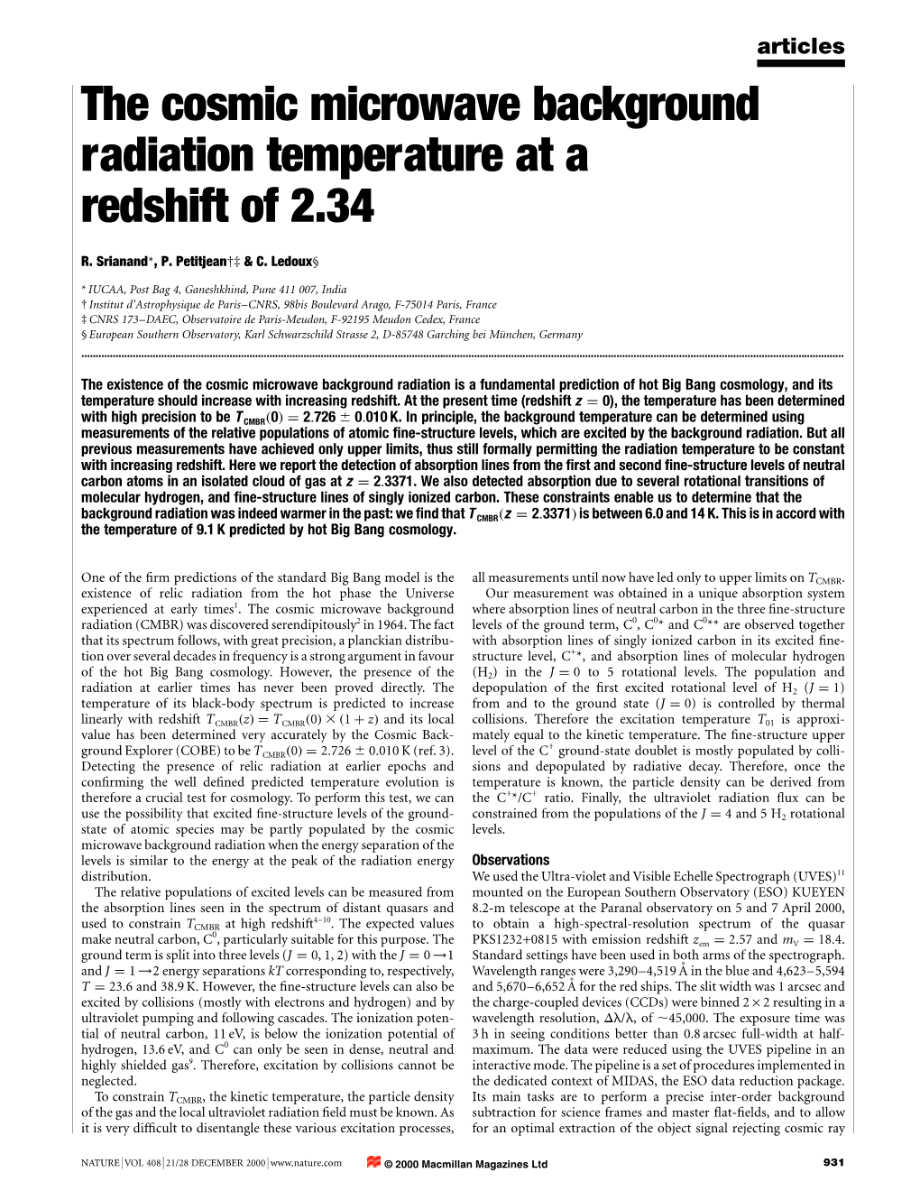 The Cosmic Microwave Background Radiation Temperature at a Redshift of 2.34