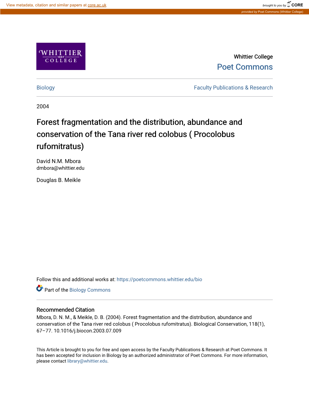 Forest Fragmentation and the Distribution, Abundance and Conservation of the Tana River Red Colobus ( Procolobus Rufomitratus)