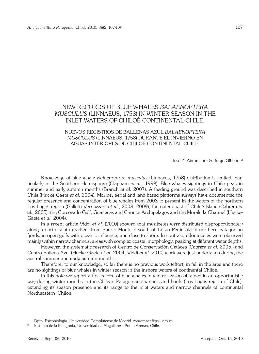 New Records of Blue Whales Balaenoptera Musculus (Linnaeus, 1758) in Winter Season in the Inlet Waters of Chiloé Continental-Chile